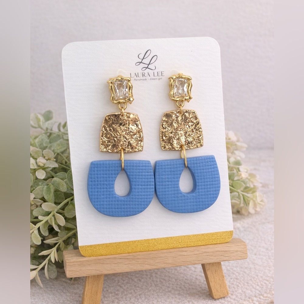 Gold and Blue Textured Drop Earrings